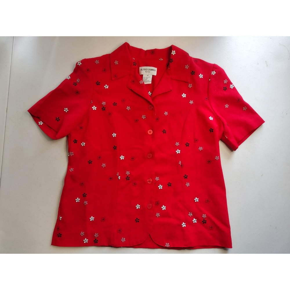 Vtg Alfred Dunner Petite Red Floral Embroidered Button Up Short Sleeve Shirt 6P‎